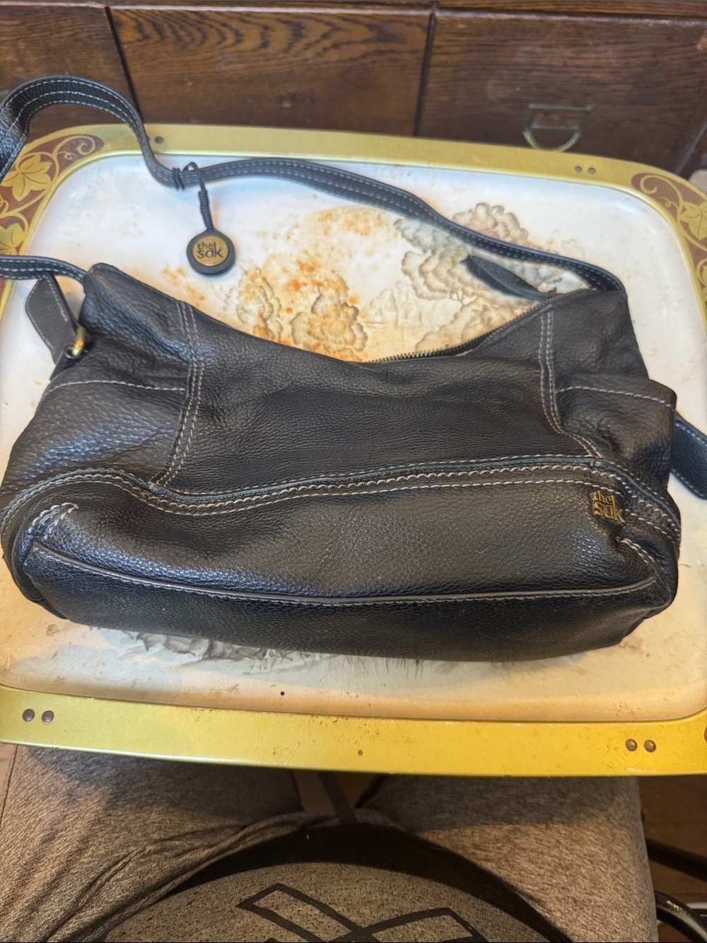 The Sak Black Pebbled Leather Shoulder Bag with Contrast Stitching